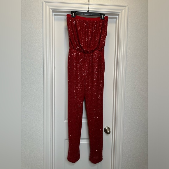 New Red Sequin Strapless Tube Straight Leg Jumpsuit size medium - Picture 2 of 6